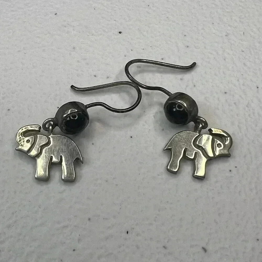 925‎ Sterling Silver Vintage Black Onyx Elephant Dangle Earrings